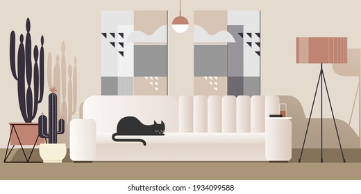 Abstract modern studio interior in shades of beige. Tripod floor lamp near white sofa with Black cat. Landing page mockup design, advertising banner or brochure. Architectural vector illustration.