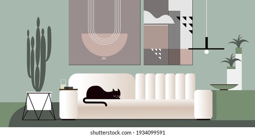 Abstract modern studio interior in shades of green color. Black cat on white  sofa. Landing page mockup design, advertising banner or brochure. Contemporary architectural vector illustration.