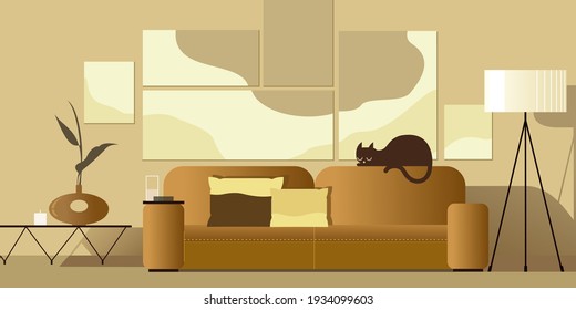 Abstract modern studio interior in shades of sand color. Black cat on yellow sofa with throw pillows. Landing page mockup design, advertising banner or brochure. Architectural vector illustration.