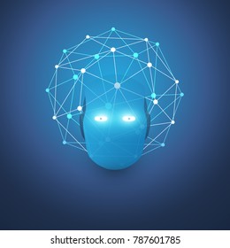 Resumen de estilo moderno Aprendizaje automático azul, Inteligencia artificial y diseño de redes neuronales con esfera poligonal, malla de red 3D y cabeza de robot