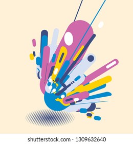 Abstract modern style with composition made of various rounded shapes in colorful pop art design shapes. Geometric elements perspective background with shadow halftone. Vector illustration