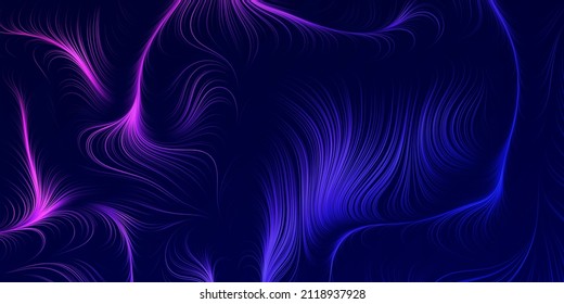 Abstract Modern Style Geometric Background Design, Colorful Lit 3D Flowing Spreading Curving Lines Pattern - Dark Digitally Generated Line Art in Editable Vector Format