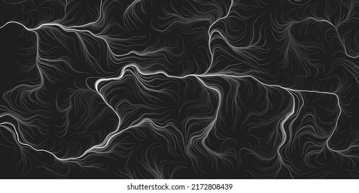 Abstract Modern Style Geometric Background Design, Black and White Lit 3D Flowing Spreading Curving Lines Pattern - Dark Digitally Generated Line Art, Template in Editable Vector Format