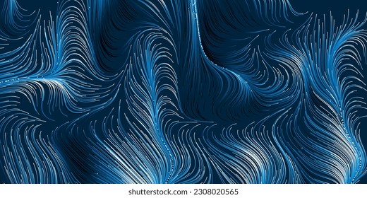Resumen Diseño de fondo geométrico de estilo moderno, patrón de líneas curvadas de flujo 3D de luz azul metálico - Arte de línea de generación digital oscuro, plantilla en formato de vector modificable