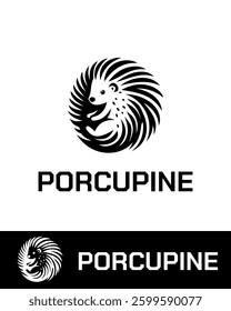 A abstract, modern, stylized porcupine logo featuring sleek, curved quills forming a circular design in black and white