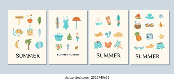 Abstract modern summer vacation posters set. Travel and beach journey elements in flat style. Minimal design. Cover or banner template with ice cream, leave, coconut, hat, summer vibe background.