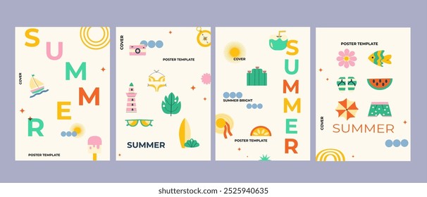 Abstract modern summer vacation posters set. Travel and beach journey elements in flat style. Minimal design. Cover or banner template with ice cream, leave, coconut, hat, summer vibe background.