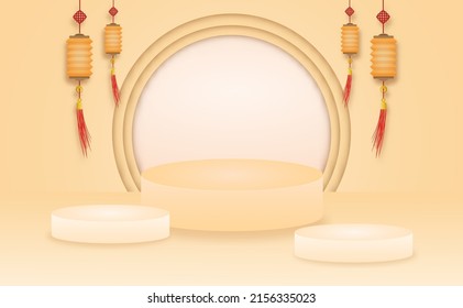 Abstract modern sweet product stage scene with composition empty cylinder podium for product cosmetic abstract background. Mock up Geometric shape in orange pastel colours and chinese lamp.