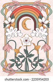 An abstract and modern take on art nouveau and 70s retro style. Boho poster illustration with botanical leaves, flowers, cloud, rainbow, moon. Perfect for posters, wall art, notebook cover. 