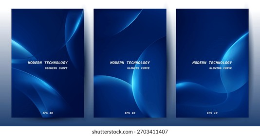 Abstract Modern Technology Background with Glowing Blue Curved Lines, Poster Set