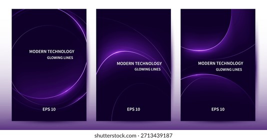 Abstract Modern Technology Background with Glowing Purple Curved Lines, Poster Set