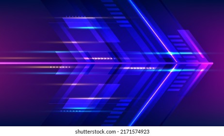 Abstract Modern Technology Futuristic Concept High Speed Movement Blue Arrows Geometric Stripe Lines With Lighting Effect On Dark Background. Vector Illustration