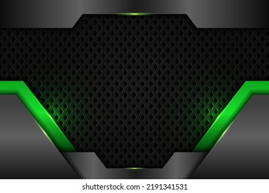 Abstract Modern Technology Geometric Overlap Glowing Green on Silver Metallic Background