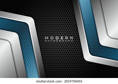 Resumen Tecnología moderna Hexágono metálico brillante Flecha azul plateado con fondo oscuro