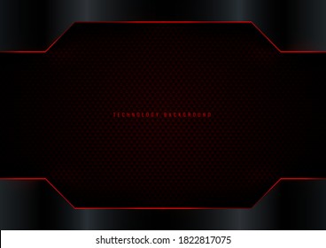 Resumen plantilla moderna marco metálico negro con rayas rojas sobre fondo de fibra de carbono oscuro. Ilustración del vector