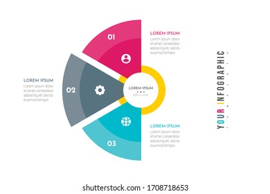 Plantilla moderna resumida para crear infografías con 3 opciones. Diseño del gráfico circular vectorial. Se puede utilizar para diseño de flujo de trabajo, presentaciones, informes, visualizaciones, diagrama, diseño web, educación.