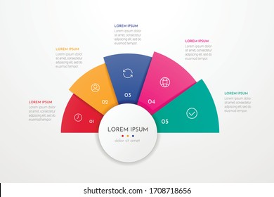 Abstract modern template for creating infographics with 5 options. Vector circle chart design. Can be used for workflow layout, presentations, reports, visualizations, diagram, web design, education.