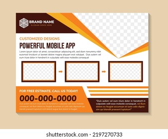 abstract modern template design with headline is powerful mobile app. space of photo collage and text. Advertising banner with horizontal layout. white on background. brown and yellow on element.