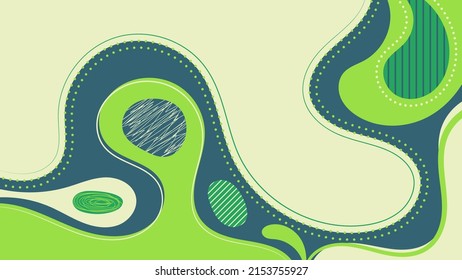Resumen plantilla moderna formas dinámicas orgánicas verdes y azules elementos compuestos de manchas de color y fondo de patrón de líneas. Ilustración del vector