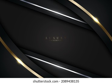 Abstract modern template luxury style black stripes with golden lines and lighting sparkles decoration design on dark background. Vector graphic illustration