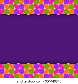 Abstract modern text or photo template with motley borders of rhombus and square shapes on violet background