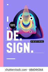 Abstract Modern Toys Design Festival Poster. Publications and Presentations Layouts Graphic Template and ideas for Poster. Vector Illustration of Cartoon Head 3d forms. 
