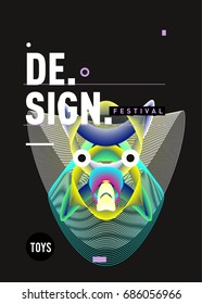 Abstract Modern Toys Design Festival Poster. Publications and Presentations Layouts Graphic Template and ideas for Poster. Vector Illustration of Cartoon Head 3d forms. 