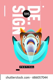 Abstract Modern Toys Design Festival Poster. Publications and Presentations Layouts Graphic Template and ideas for Poster. Vector Illustration of Cartoon Head 3d forms. 