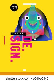 Abstract Modern Toys Design Festival Poster. Publications and Presentations Layouts Graphic Template and ideas for Poster. Vector Illustration of Cartoon Head 3d forms. 
