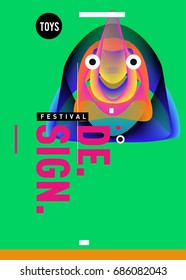 Abstract Modern Toys Design Festival Poster. Publications and Presentations Layouts Graphic Template and ideas for Poster. Vector Illustration of Cartoon Head 3d forms. 