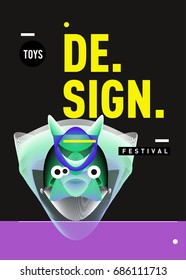 Abstract Modern Toys Design Festival Poster. Publications and Presentations Layouts Graphic Template and ideas for Poster. Vector Illustration of Cartoon Head 3d forms. 

