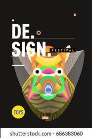 Abstract Modern Toys Design Festival Poster. Publications and Presentations Layouts Graphic Template and ideas for Poster. Vector Illustration of Cartoon Head 3d forms. 