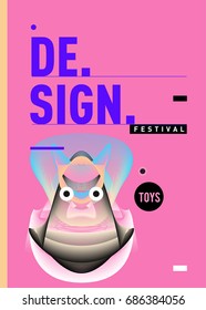 Abstract Modern Toys Design Festival Poster. Publications and Presentations Layouts Graphic Template and ideas for Poster. Vector Illustration of Cartoon Head 3d forms. 
