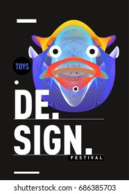 Abstract Modern Toys Design Festival Poster. Publications and Presentations Layouts Graphic Template and ideas for Poster. Vector Illustration of Cartoon Head 3d forms. 