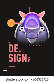 Abstract Modern Toys Design Festival Poster. Publications and Presentations Layouts Graphic Template and ideas for Poster. Vector Illustration of Cartoon Head 3d forms. 