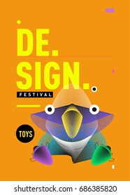 Abstract Modern Toys Design Festival Poster. Publications and Presentations Layouts Graphic Template and ideas for Poster. Vector Illustration of Cartoon Head 3d forms. 