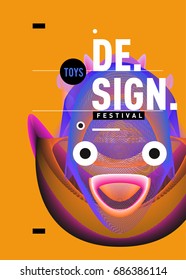 Abstract Modern Toys Design Festival Poster. Publications and Presentations Layouts Graphic Template and ideas for Poster. Vector Illustration of Cartoon Head 3d forms. 
