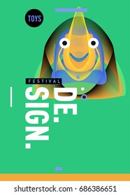 Abstract Modern Toys Design Festival Poster. Publications and Presentations Layouts Graphic Template and ideas for Poster. Vector Illustration of Cartoon Head 3d forms. 