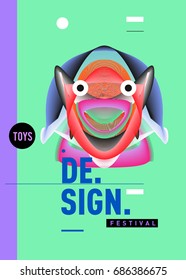 Abstract Modern Toys Design Festival Poster. Publications and Presentations Layouts Graphic Template and ideas for Poster. Vector Illustration of Cartoon Head 3d forms. 