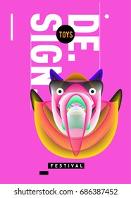 Abstract Modern Toys Design Festival Poster. Publications and Presentations Layouts Graphic Template and ideas for Poster. Vector Illustration of Cartoon Head 3d forms. 