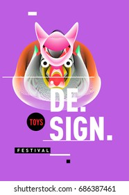 Abstract Modern Toys Design Festival Poster. Publications and Presentations Layouts Graphic Template and ideas for Poster. Vector Illustration of Cartoon Head 3d forms. 