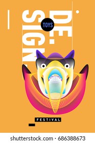 Abstract Modern Toys Design Festival Poster. Publications and Presentations Layouts Graphic Template and ideas for Poster. Vector Illustration of Cartoon Head 3d forms. 
