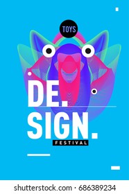 Abstract Modern Toys Design Festival Poster. Publications and Presentations Layouts Graphic Template and ideas for Poster. Vector Illustration of Cartoon Head 3d forms. 