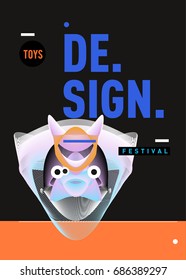 Abstract Modern Toys Design Festival Poster. Publications and Presentations Layouts Graphic Template and ideas for Poster. Vector Illustration of Cartoon Head 3d forms. 