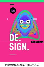 Abstract Modern Toys Design Festival Poster. Publications and Presentations Layouts Graphic Template and ideas for Poster. Vector Illustration of Cartoon Head 3d forms. 