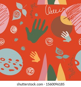 Abstract modern trendy seamless pattern. Contemporary grunge background. Hand drawn various shapes, lines and doodle objects.   Perfect for textile fabric or paper print. Vector artistic  illustration