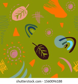 Abstract modern trendy seamless pattern. Contemporary grunge background. Hand drawn various shapes, lines and doodle objects.   Perfect for textile fabric or paper print. Vector artistic  illustration