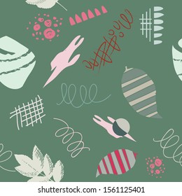 Abstract modern trendy seamless pattern. Contemporary grunge background. Hand drawn various shapes, lines and doodle objects.   Perfect for textile fabric or paper print. Vector artistic  illustration