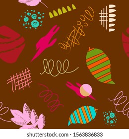 Abstract modern trendy seamless pattern. Contemporary grunge background. Hand drawn various shapes, leaves, doodle objects.   Perfect for textile fabric or paper print. Vector artistic  illustration
