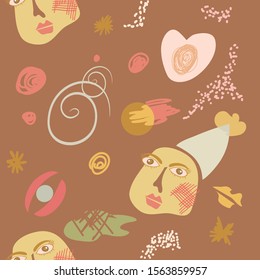 Abstract modern trendy seamless pattern. Contemporary grunge background. Hand drawn various shapes, faces and doodle objects.   Perfect for textile fabric or paper print. Vector artistic  illustration